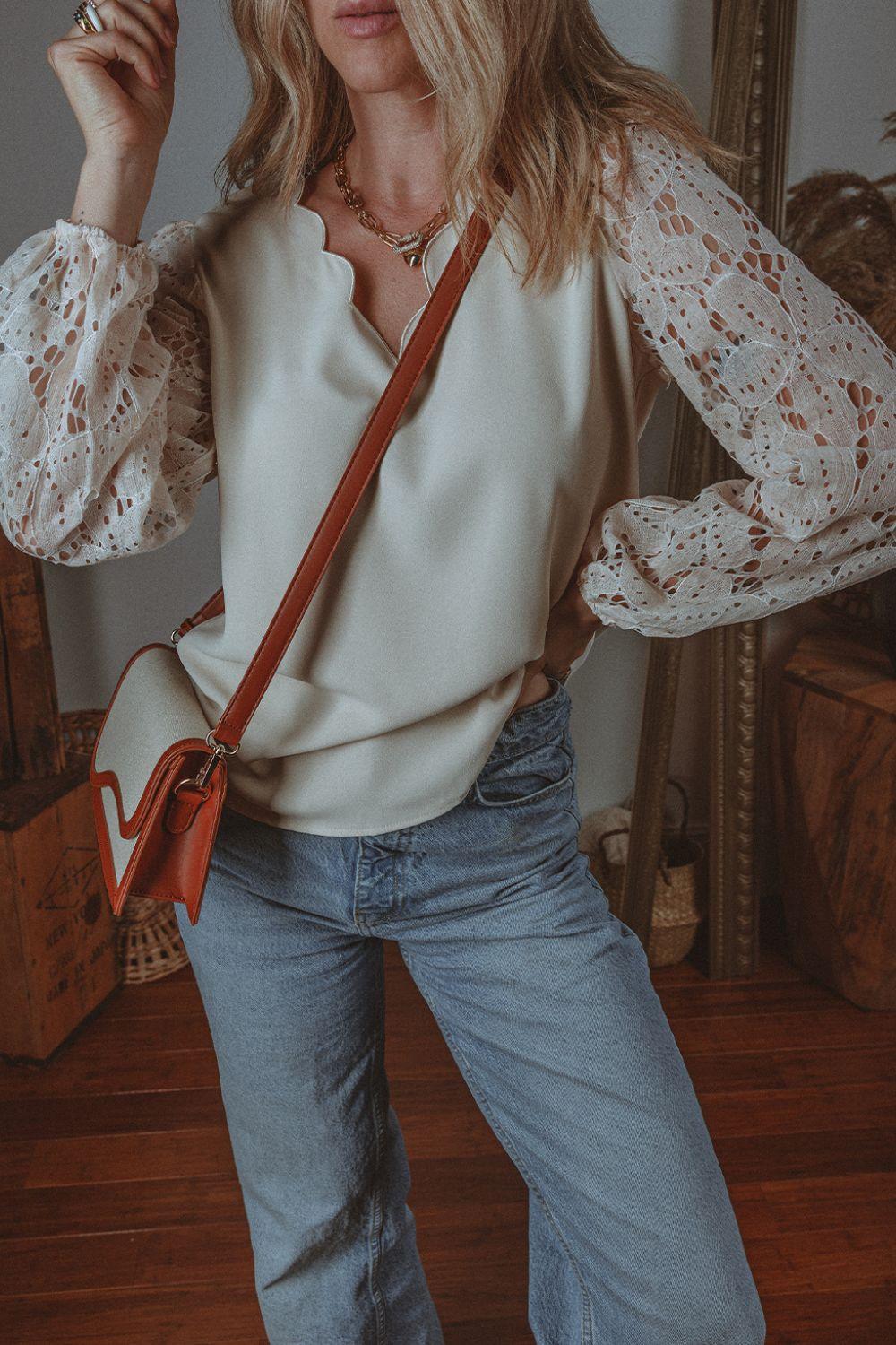 V Neck Lace Balloon Sleeve Blouse - Clothes For Her Online Store
