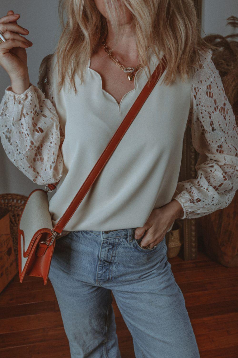 V Neck Lace Balloon Sleeve Blouse - Clothes For Her Online Store