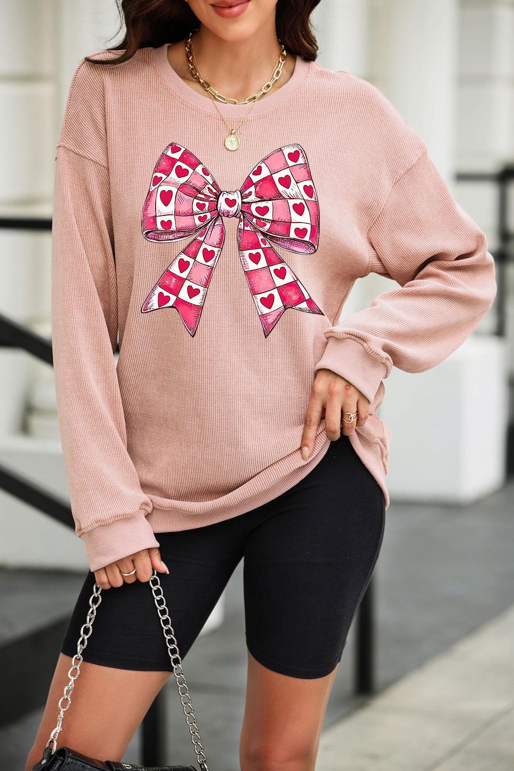 Valentine’s Day Bow Drop Shoulder Long Sleeve Sweatshirt - Clothes For Her Online Store