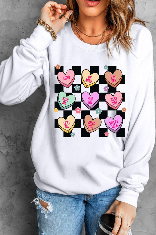 Valentine's Day Checkered Heart Long Sleeve Sweatshirt - Clothes For Her Online Store