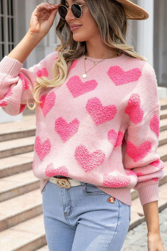 Valentine's Day Heart Jacquard Round Neck Sweater - Clothes For Her Online Store