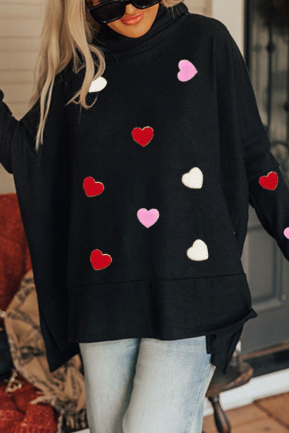 Valentine’s Day Heart Patched Turtleneck Long Sleeve Top - Clothes For Her Online Store