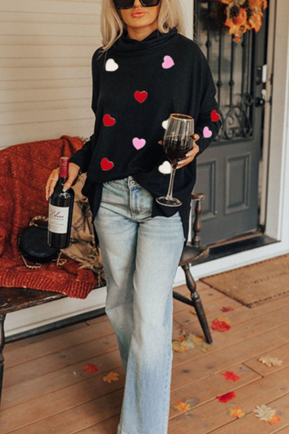 Valentine’s Day Heart Patched Turtleneck Long Sleeve Top - Clothes For Her Online Store