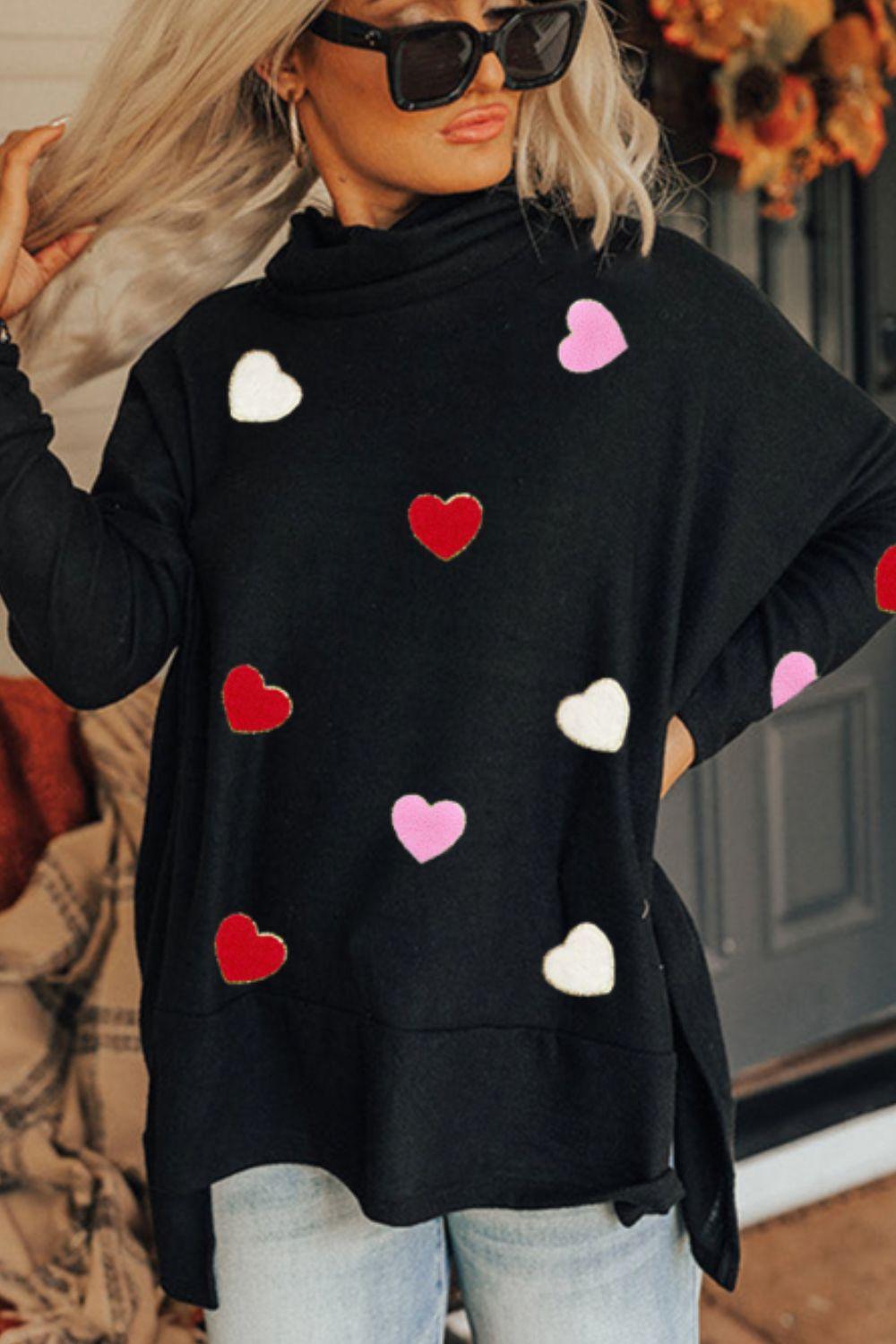Valentine’s Day Heart Patched Turtleneck Long Sleeve Top - Clothes For Her Online Store
