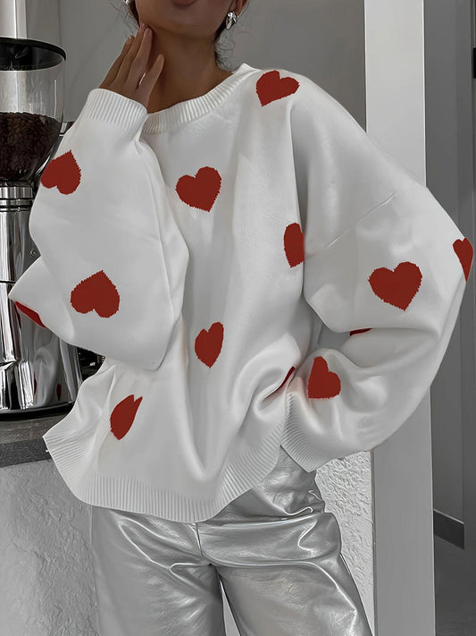 Valentine’s Day Heart Round Neck Long Sleeve Sweater - Clothes For Her Online Store