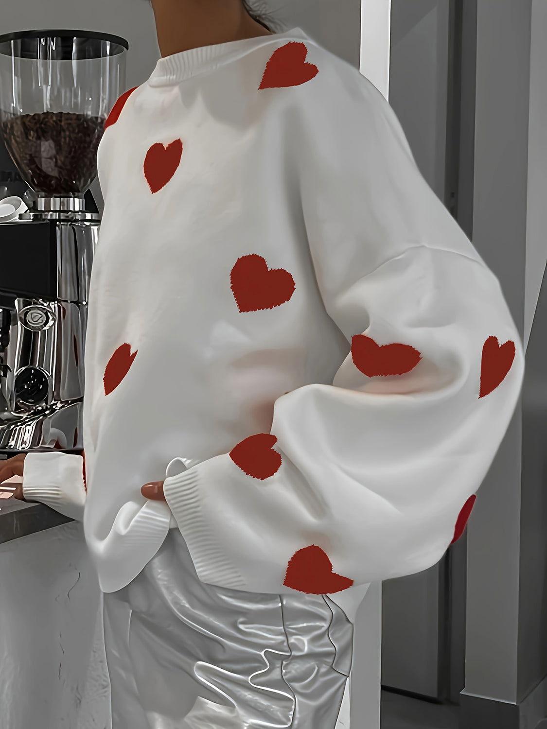 Valentine’s Day Heart Round Neck Long Sleeve Sweater - Clothes For Her Online Store