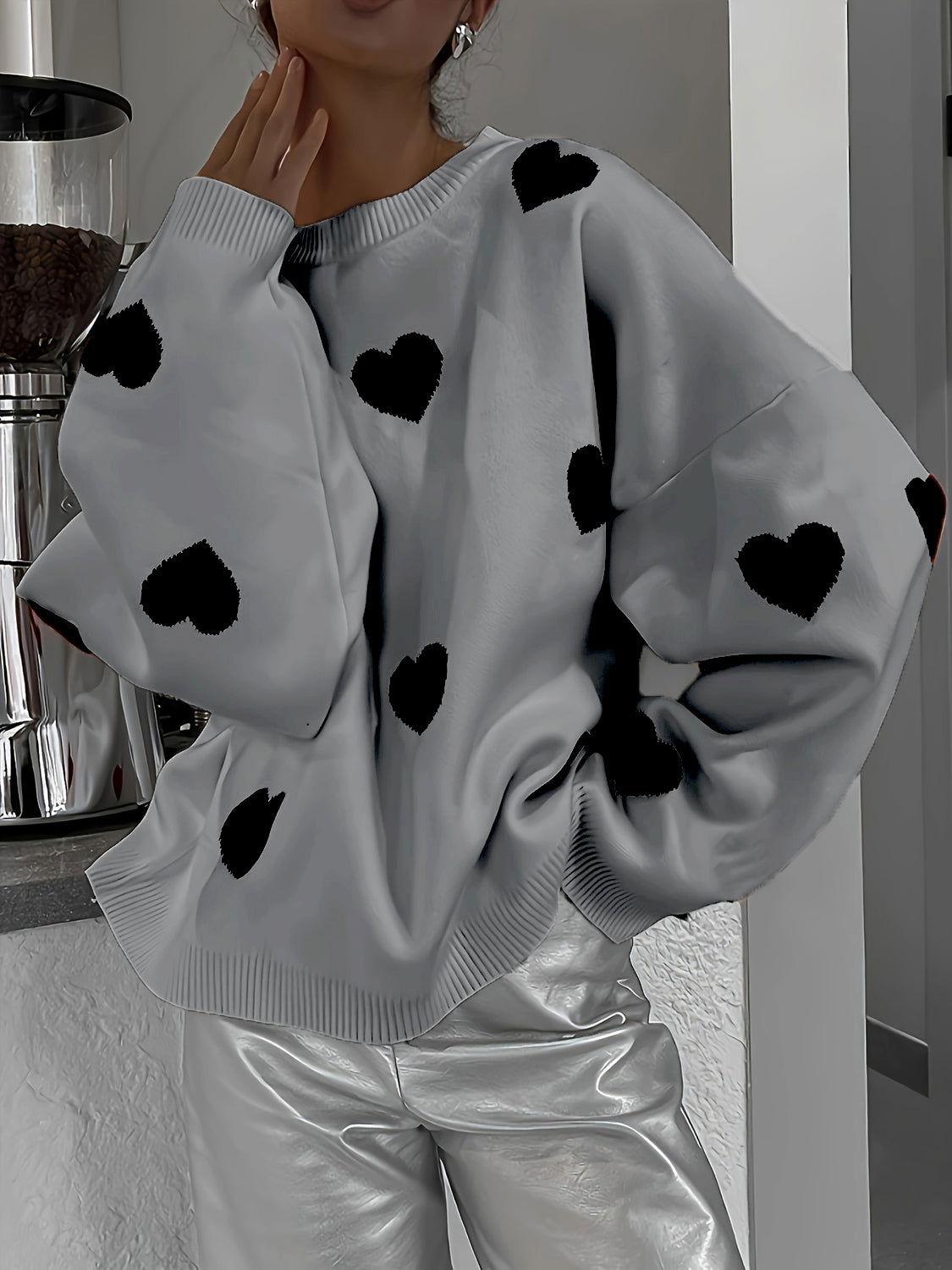 Valentine’s Day Heart Round Neck Long Sleeve Sweater - Clothes For Her Online Store