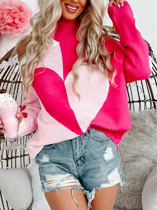 Valentine's Day Heart Turtleneck Cold Shoulder Sweater - Clothes For Her Online Store