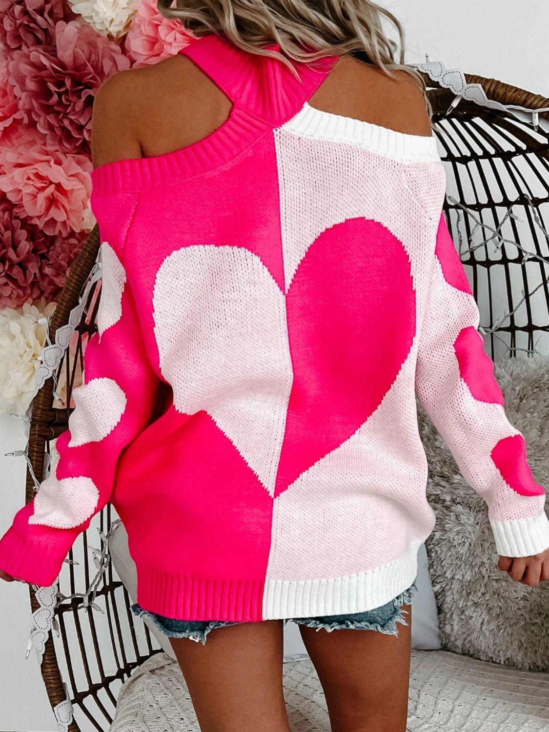 Valentine's Day Heart Turtleneck Cold Shoulder Sweater - Clothes For Her Online Store