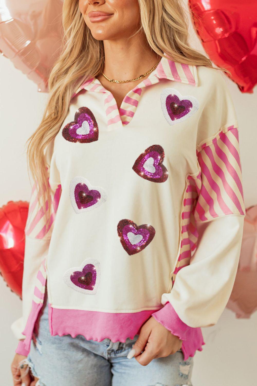 Valentine’s Day Sequin Heart Pattern Long Sleeve Sweatshirt - Clothes For Her Online Store