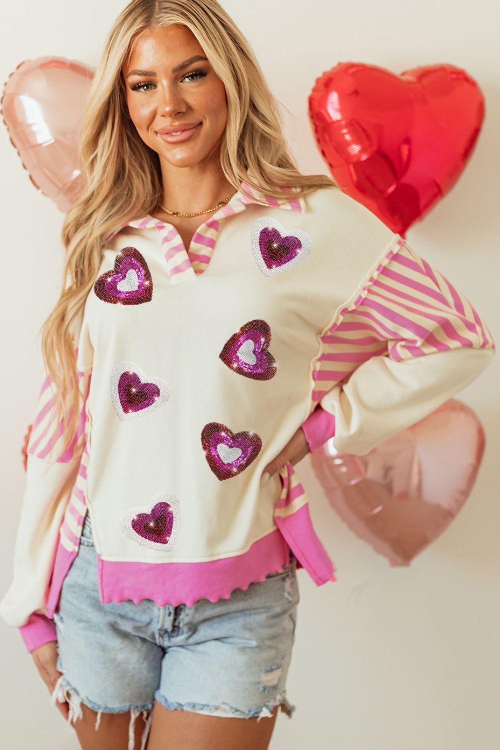 Valentine’s Day Sequin Heart Pattern Long Sleeve Sweatshirt - Clothes For Her Online Store