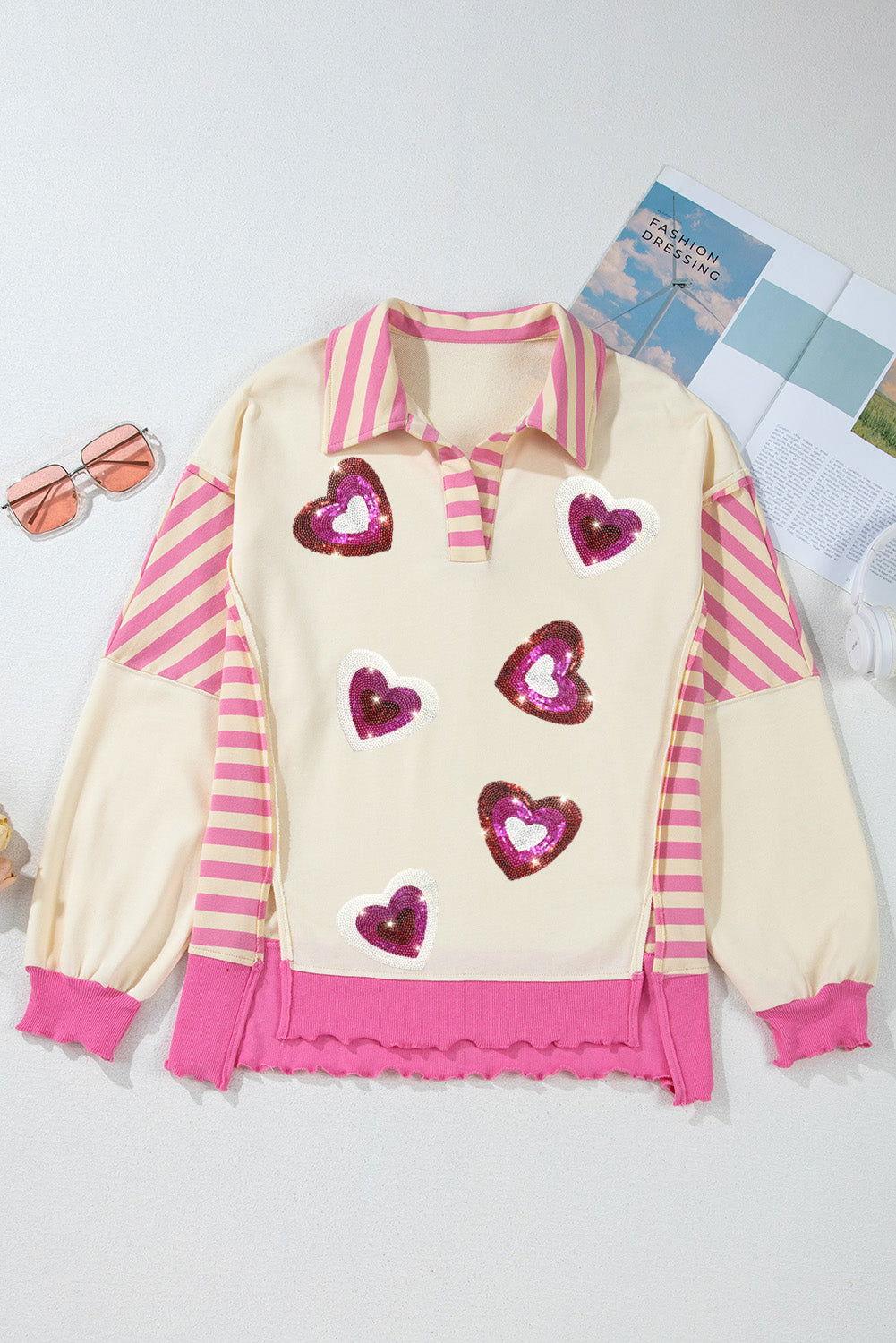 Valentine’s Day Sequin Heart Pattern Long Sleeve Sweatshirt - Clothes For Her Online Store