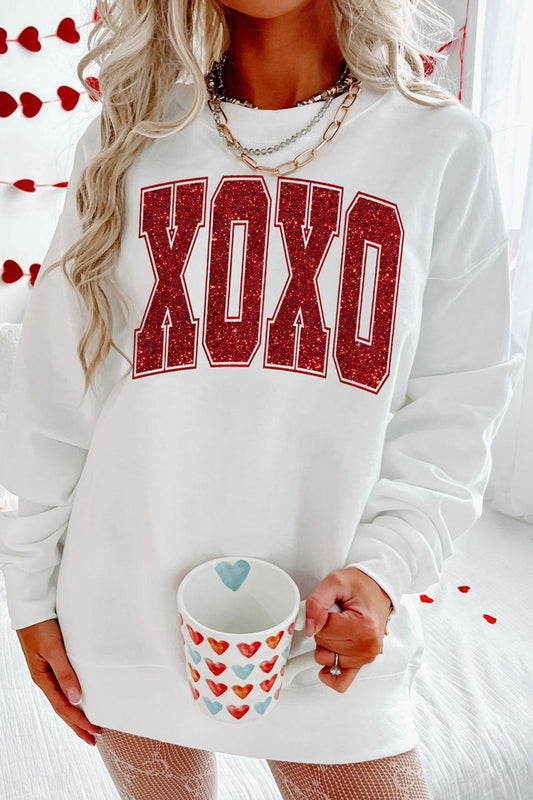 Valentine’s Day XOXO Glitter Round Neck Sweatshirt - Clothes For Her Online Store