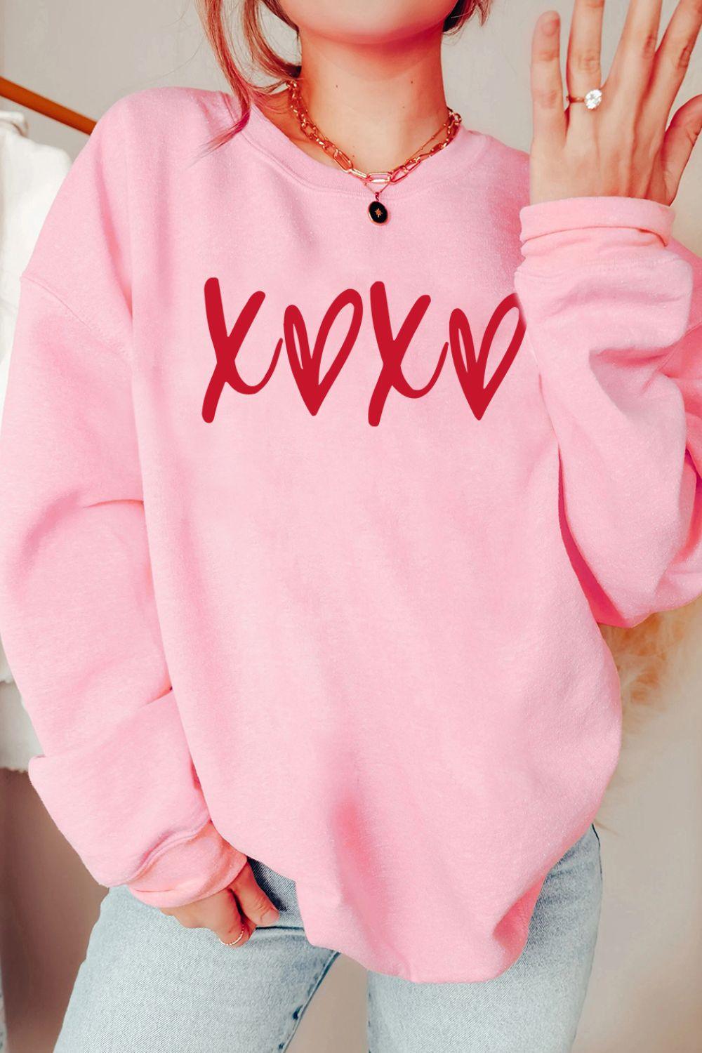 Valentine’s Day XOXO Round Neck Drop Shoulder Sweatshirt - Clothes For Her Online Store