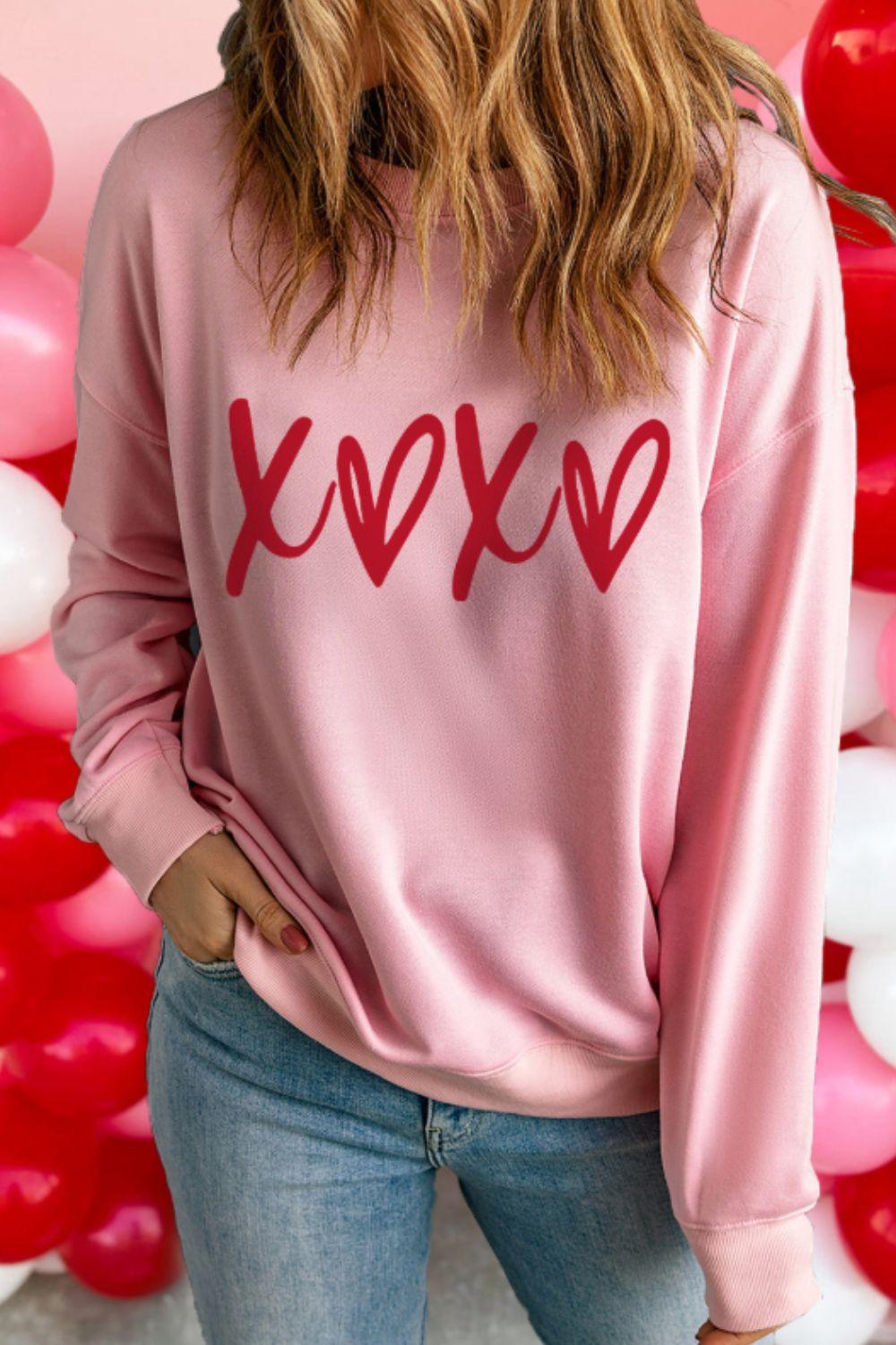 Valentine’s Day XOXO Round Neck Drop Shoulder Sweatshirt - Clothes For Her Online Store