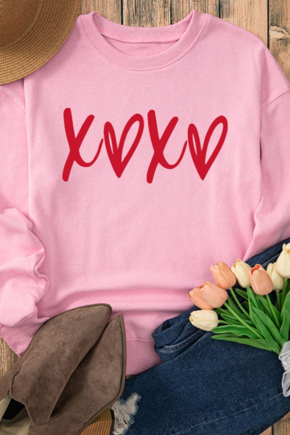 Valentine’s Day XOXO Round Neck Drop Shoulder Sweatshirt - Clothes For Her Online Store