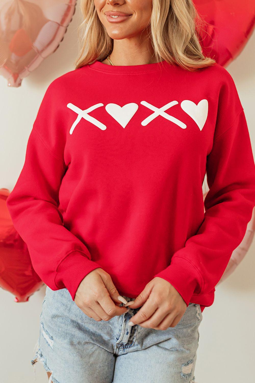 Valentine’s Day XOXO Round Neck Drop Shoulder Sweatshirt - Clothes For Her Online Store