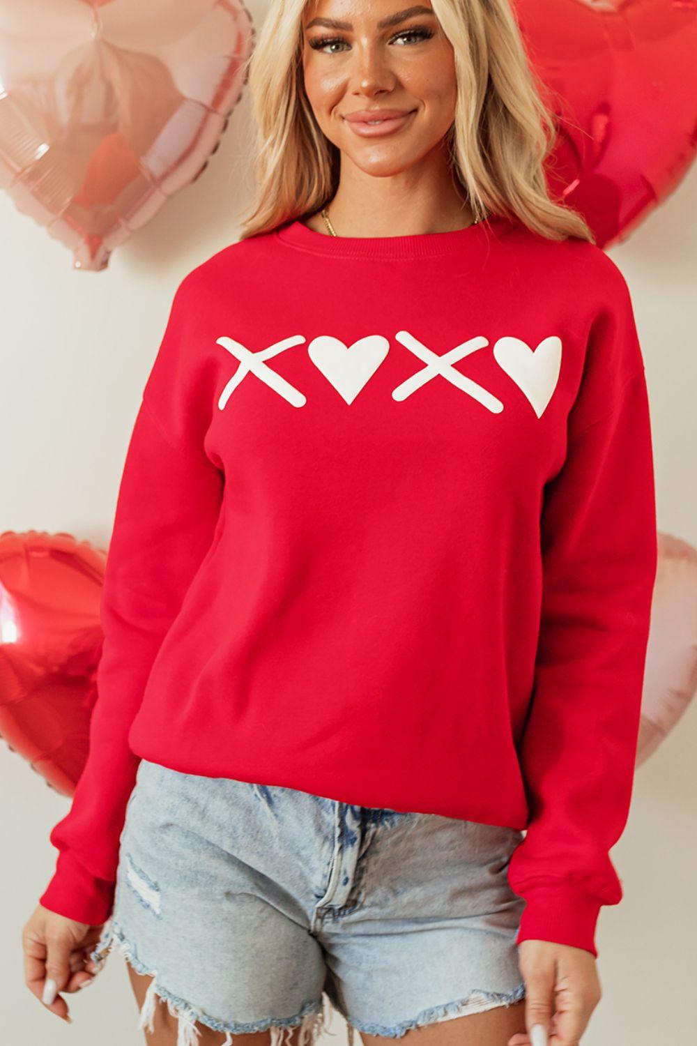 Valentine’s Day XOXO Round Neck Drop Shoulder Sweatshirt - Clothes For Her Online Store