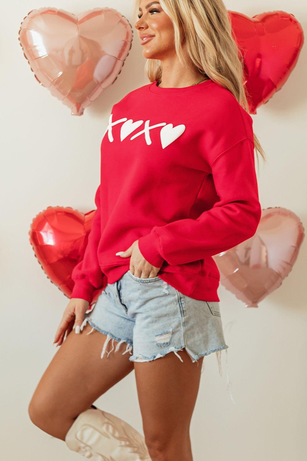 Valentine’s Day XOXO Round Neck Drop Shoulder Sweatshirt - Clothes For Her Online Store