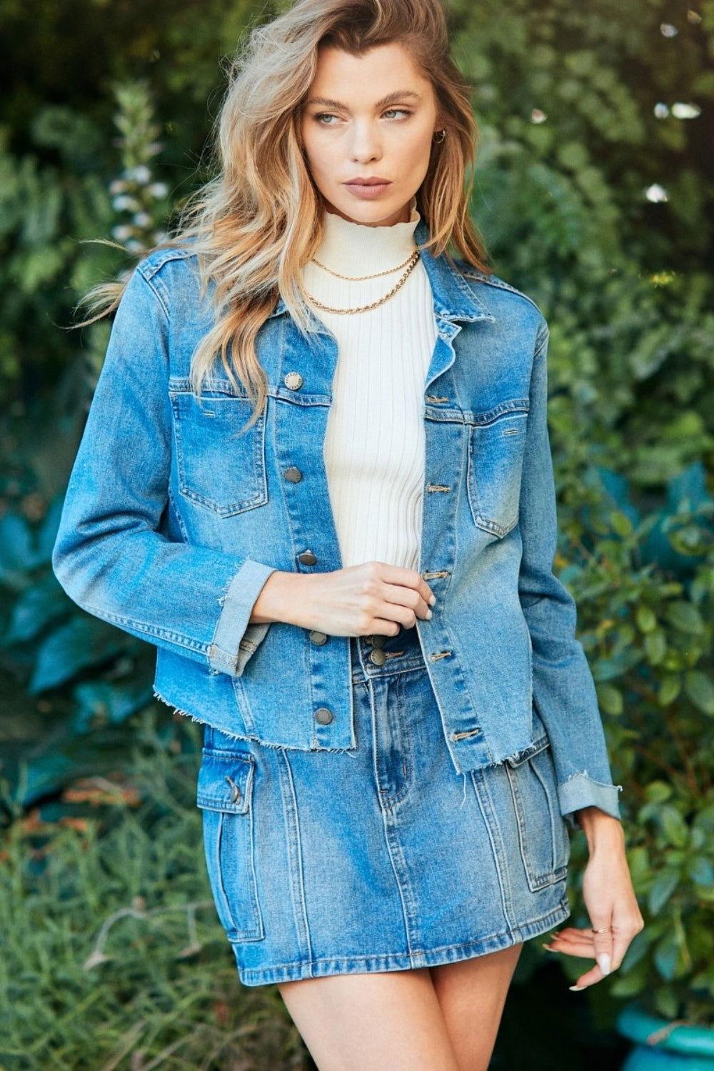 Veveret Button Up Raw Hem Denim Jacket - Clothes For Her Online Store