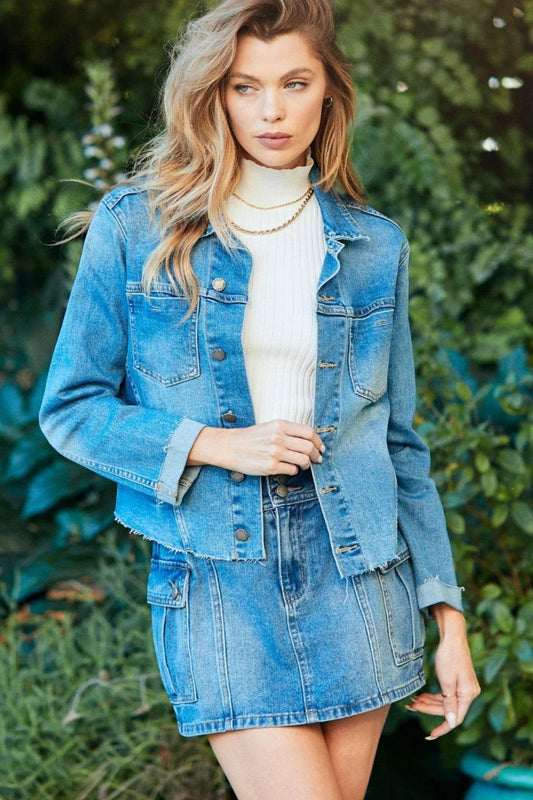 Veveret Button Up Raw Hem Denim Jacket - Clothes For Her Online Store