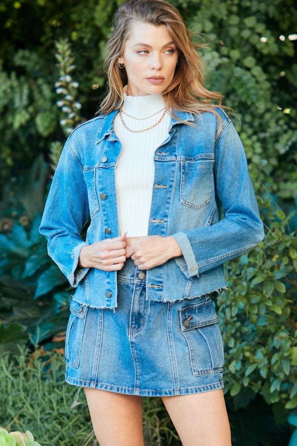 Veveret Button Up Raw Hem Denim Jacket - Clothes For Her Online Store