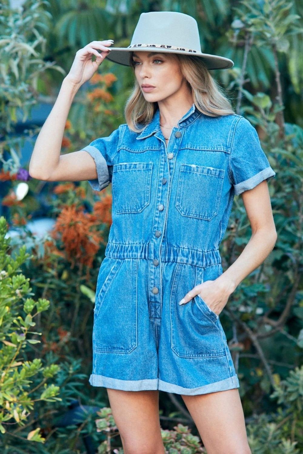 Veveret Elastic Waistband Denim Romper - Clothes For Her Online Store