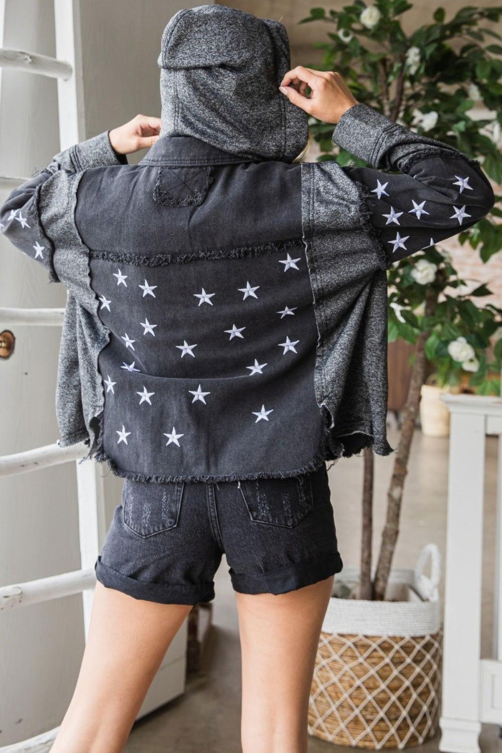 Veveret Star Embroidered Hooded Denim Jacket - Clothes For Her Online Store