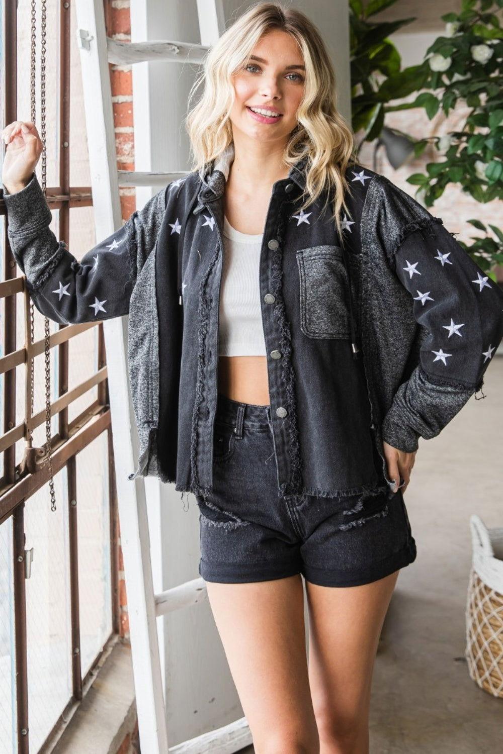 Veveret Star Embroidered Hooded Denim Jacket - Clothes For Her Online Store