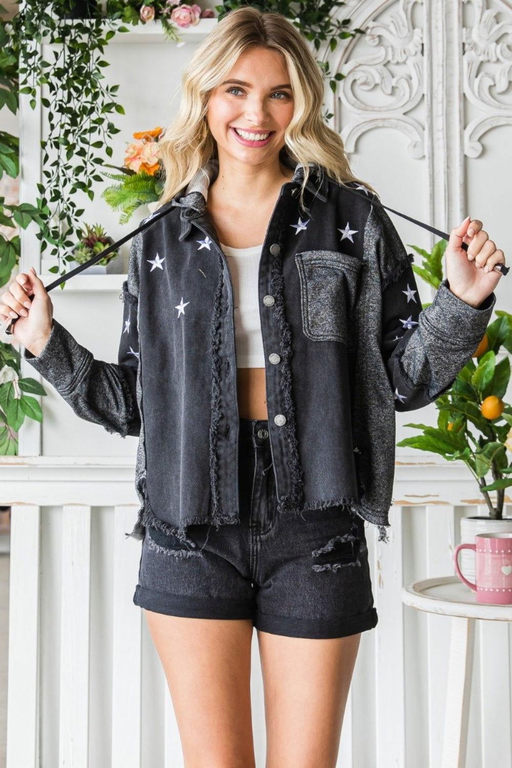 Veveret Star Embroidered Hooded Denim Jacket - Clothes For Her Online Store