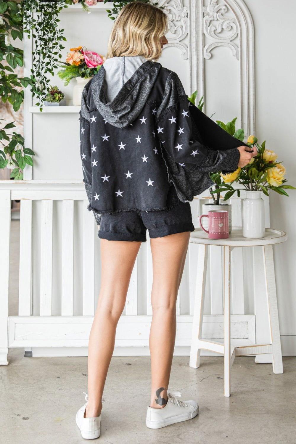 Veveret Star Embroidered Hooded Denim Jacket - Clothes For Her Online Store