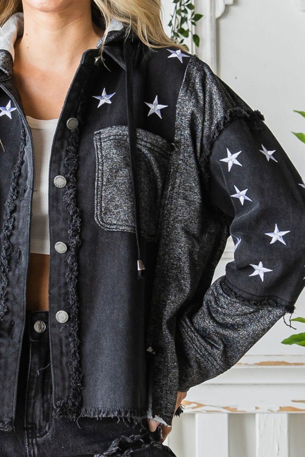 Veveret Star Embroidered Hooded Denim Jacket - Clothes For Her Online Store