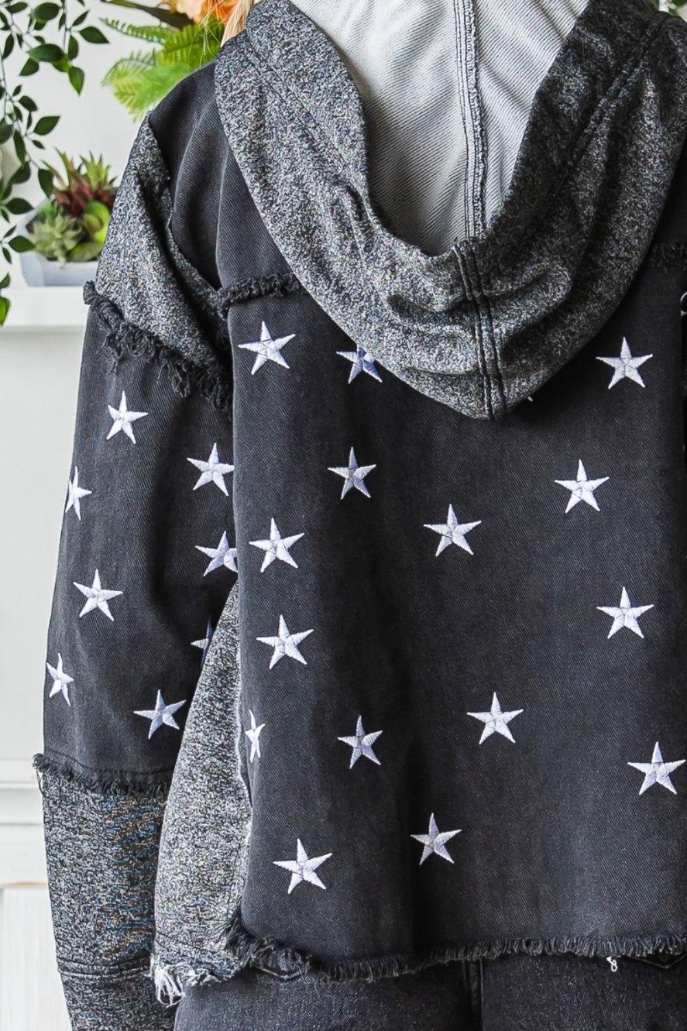 Veveret Star Embroidered Hooded Denim Jacket - Clothes For Her Online Store
