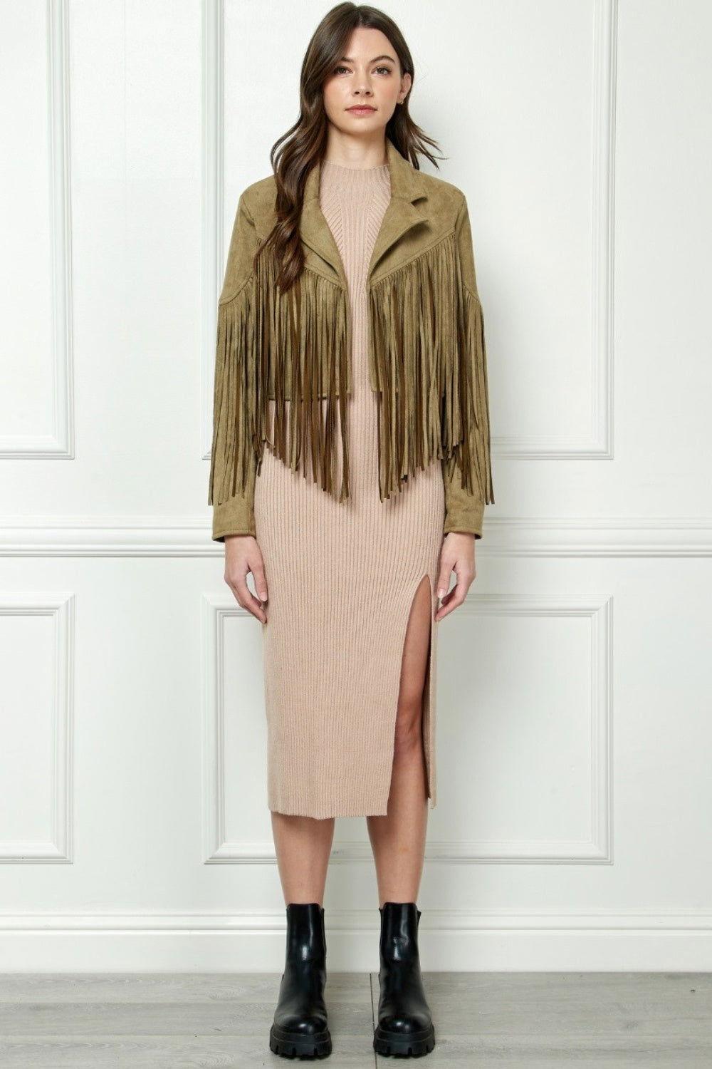 Veveret Suede Fringe Long Sleeve Moto Jacket - Clothes For Her Online Store