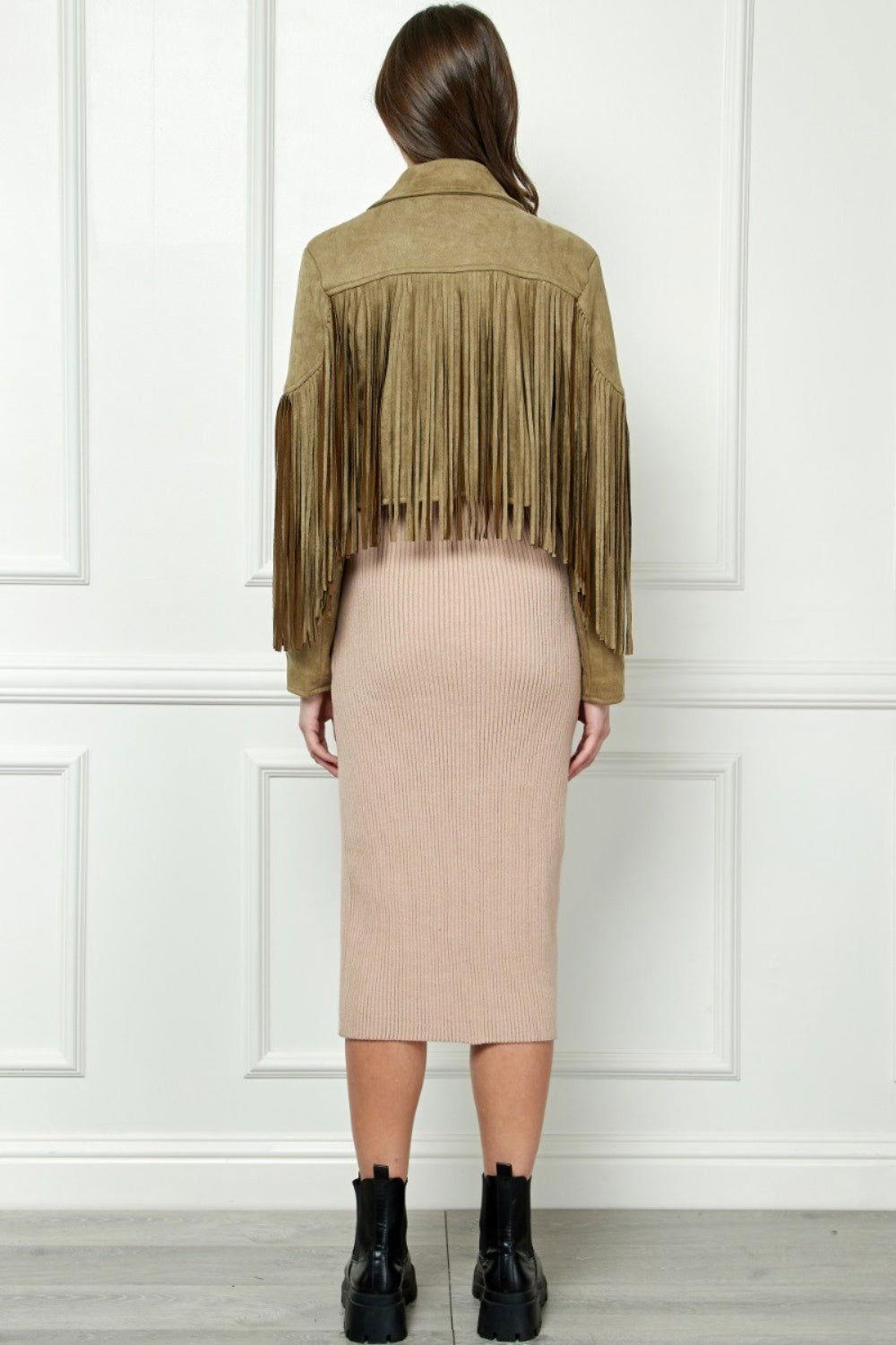Veveret Suede Fringe Long Sleeve Moto Jacket - Clothes For Her Online Store