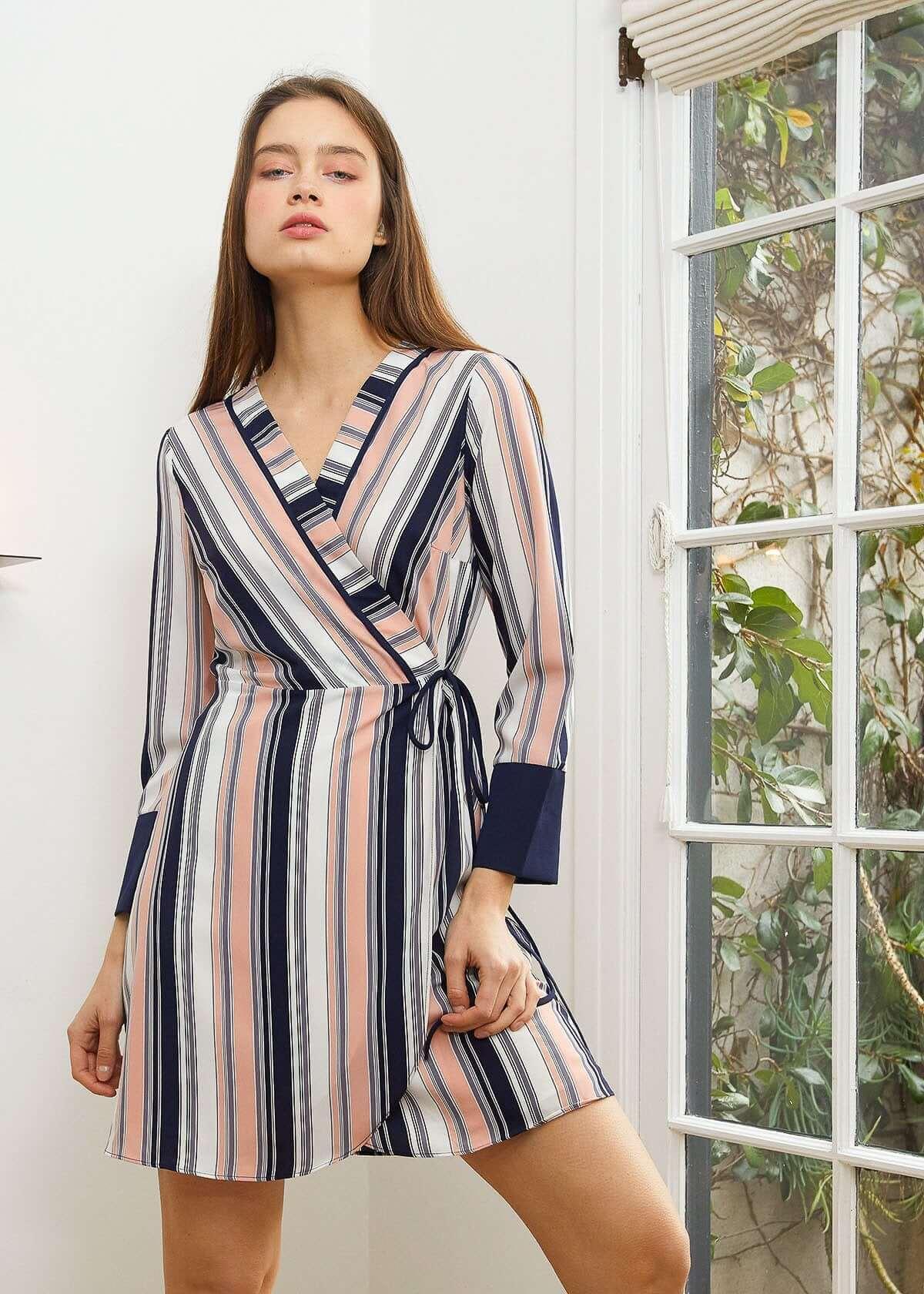 Women's Printed Wrap Dress With Cuff Binding in Multi Stripe