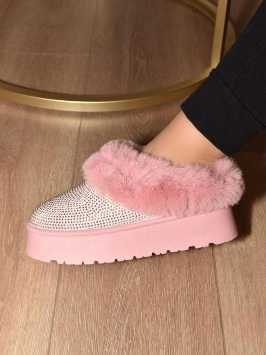 WILD DIVA Embellished Faux Fur Platform Booties - Clothes For Her Online Store