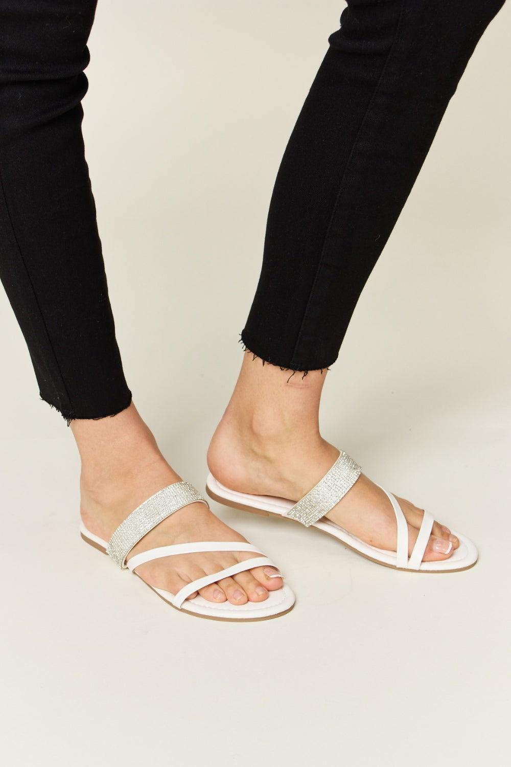 WILD DIVA Rhinestone Strappy Flat Sandals - Clothes For Her Online Store