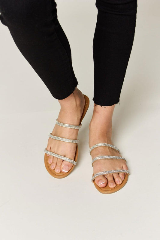 WILD DIVA Rhinestone Three-Strap Flat Sandals - Clothes For Her Online Store