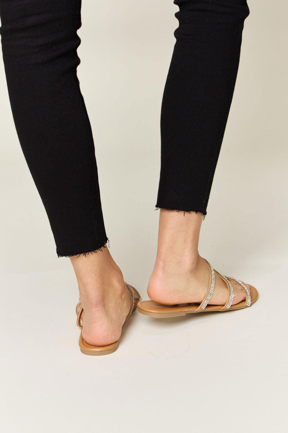 WILD DIVA Rhinestone Three-Strap Flat Sandals - Clothes For Her Online Store