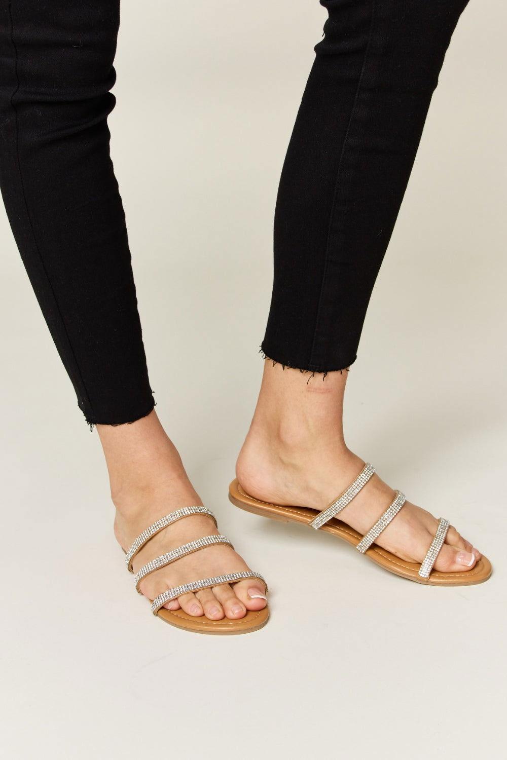 WILD DIVA Rhinestone Three-Strap Flat Sandals - Clothes For Her Online Store