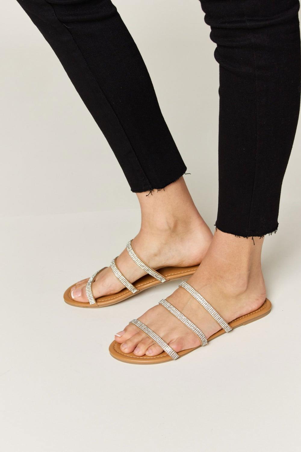 WILD DIVA Rhinestone Three-Strap Flat Sandals - Clothes For Her Online Store