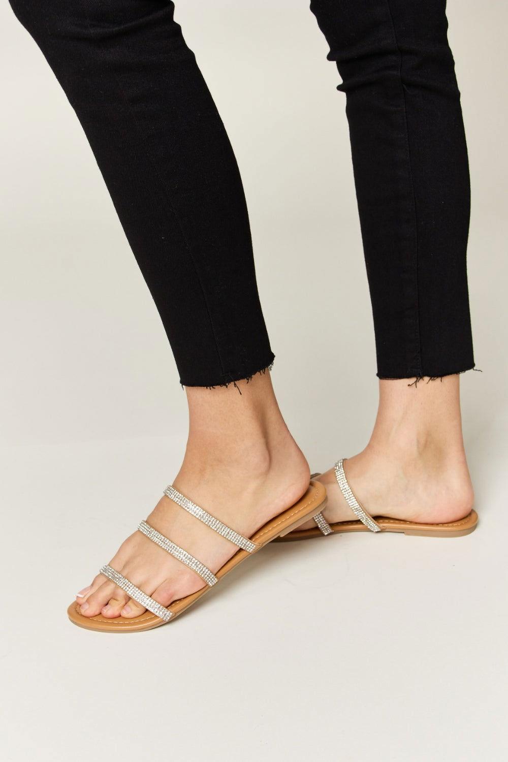 WILD DIVA Rhinestone Three-Strap Flat Sandals - Clothes For Her Online Store