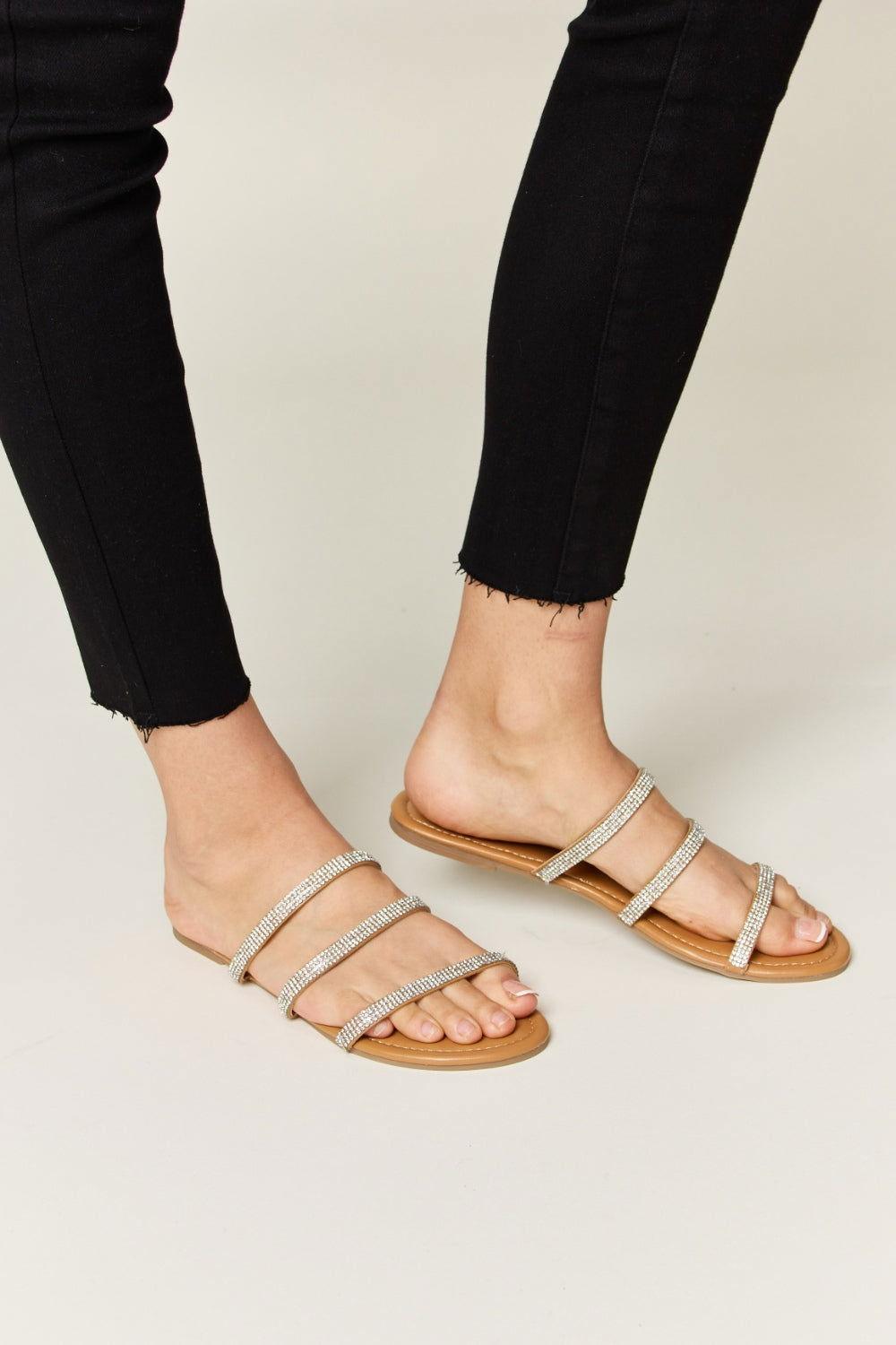 WILD DIVA Rhinestone Three-Strap Flat Sandals - Clothes For Her Online Store