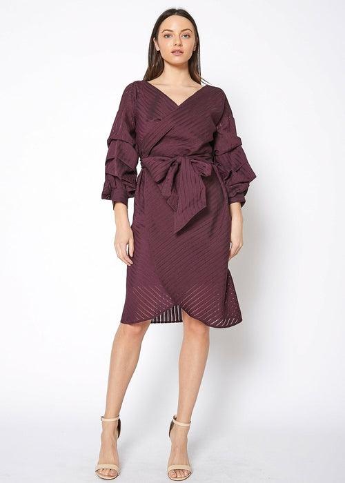 Organza Stripe Wrap Dress In Burgundy