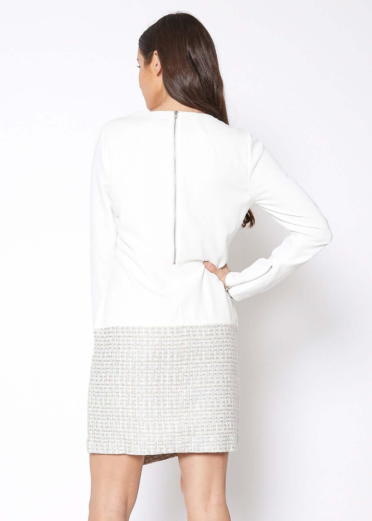 Tweed Hem Faux Wrap Dress In Ivory