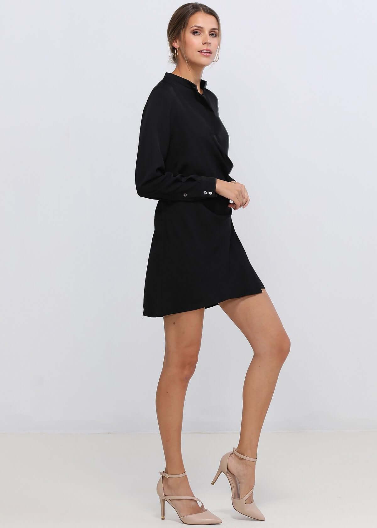 Women's Stand Collar Wrap Mini Dress In Black