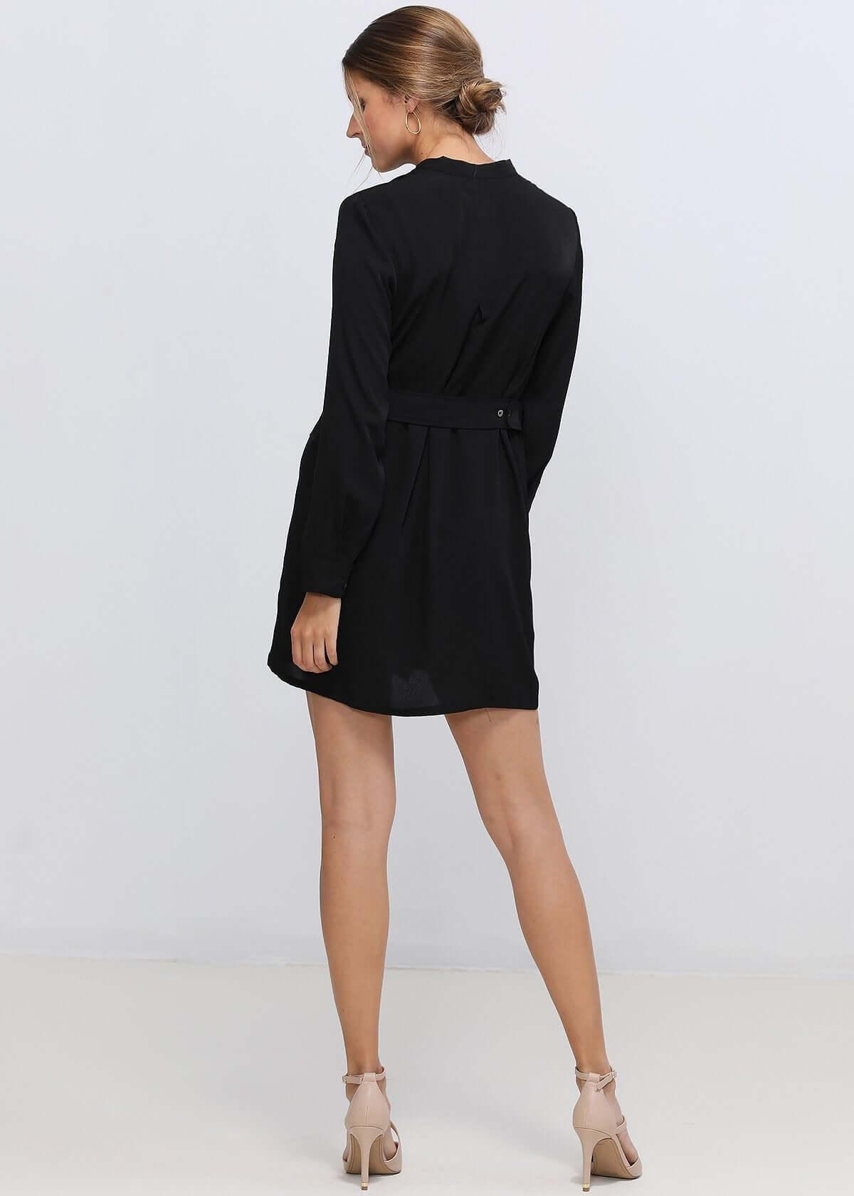 Women's Stand Collar Wrap Mini Dress In Black