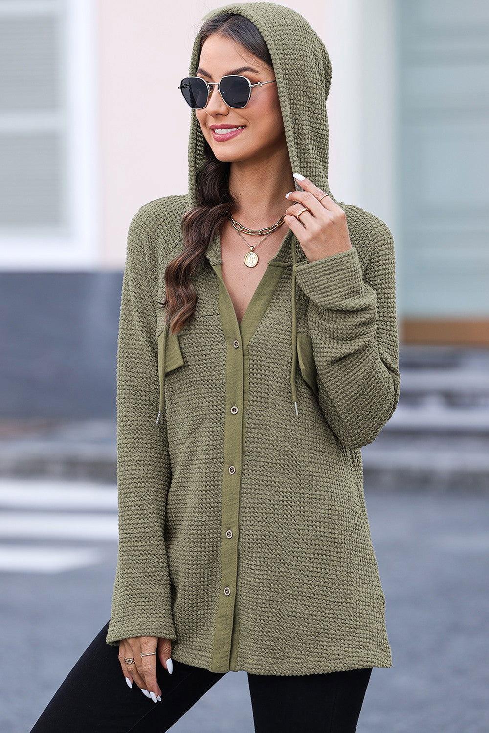 Waffle-Knit Button Up Drawstring Hoodie - Clothes For Her Online Store