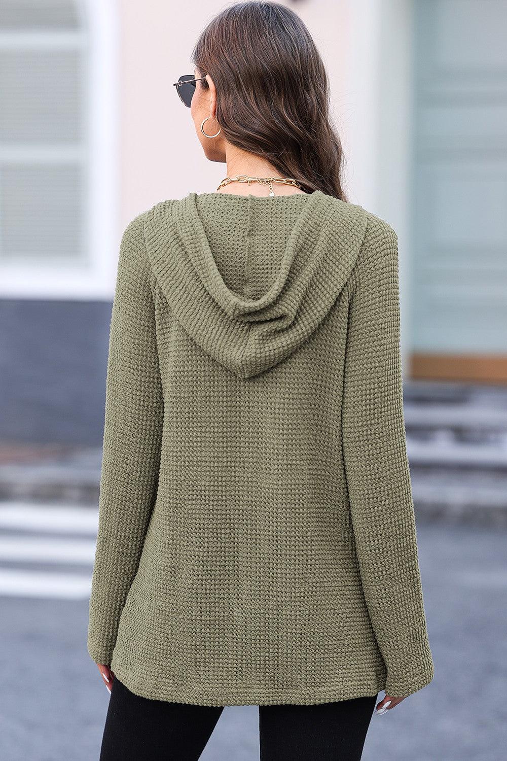 Waffle-Knit Button Up Drawstring Hoodie - Clothes For Her Online Store